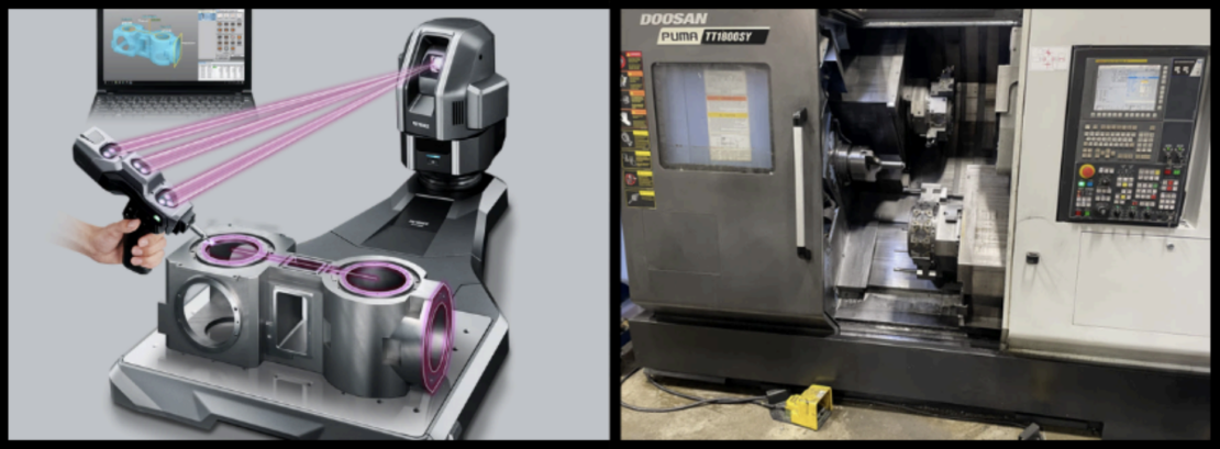Technology upgrades include a Keyence Coordinate Measuring Machine (CMM) with a wireless laser scanner (left) and a Doosan Puma lathe with twin spindles, live tooling, and a Y-axis. 