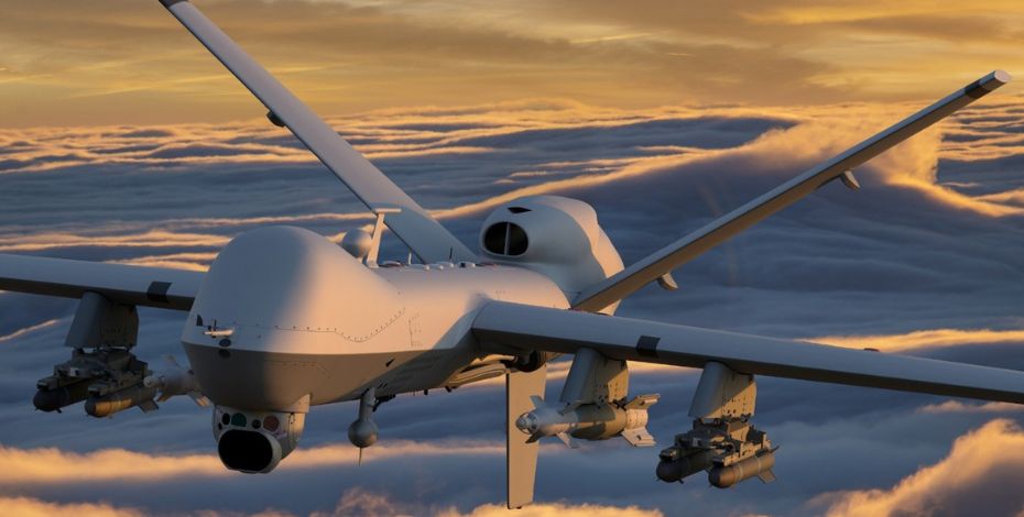 MQ-9 Reaper unmanned combat aircraft in flight – defense manufacturing demand