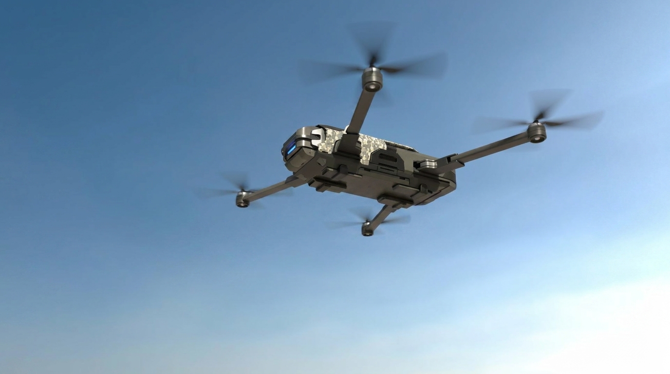 Military quadcopter drone with camouflage detailing in flight against a blue sky, representing aerial defense systems supported by Barron Industries' precision investment cast components.