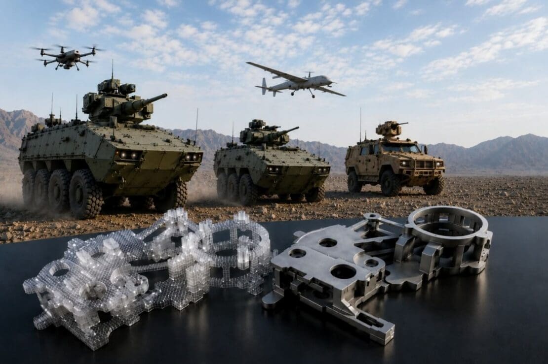 Photograph showing military vehicles including two armored personnel carriers and one light tactical vehicle positioned on rocky terrain with mountains in background, accompanied by two drones flying overhead. Foreground