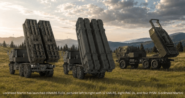 New Lockheed Martin HIMARS FLEX pictured left to right with 12 GMLRS, eights PAC-3s, and four PrSM.