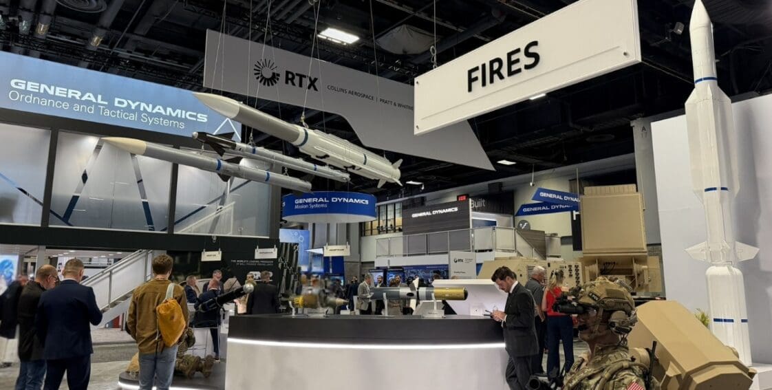 AUSA 2026 photo with missiles and General Dynamics Ordnance and Tactical Systems and RTX displays
